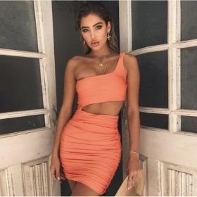 Slim One-shoulder Short Dress Sexy Fashion Hollow Mini Dresses For Women (Option: Orange-S)
