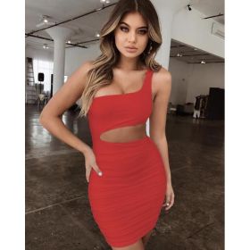Slim One-shoulder Short Dress Sexy Fashion Hollow Mini Dresses For Women (Option: Red-M)